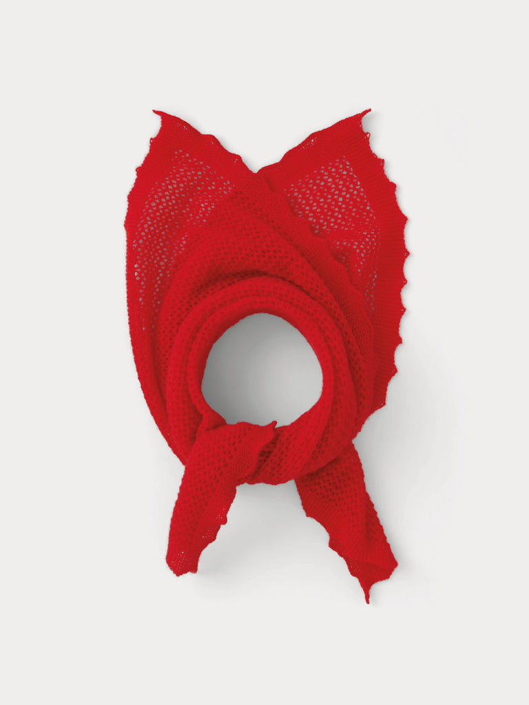 red lace triangle scarf tied in a knot