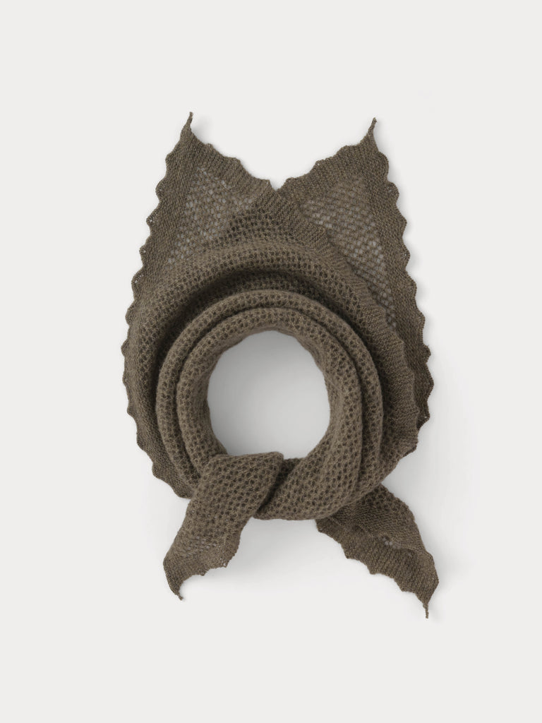 grey lace triangle scarf tied in a knot