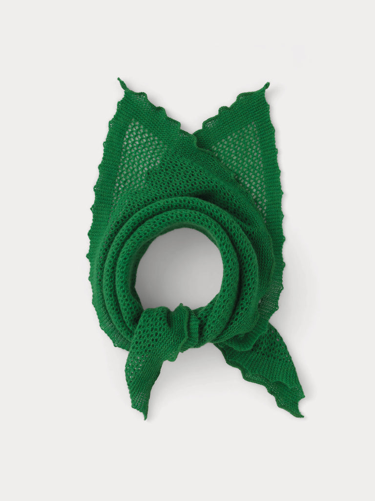 green lace triangle scarf tied in a knot