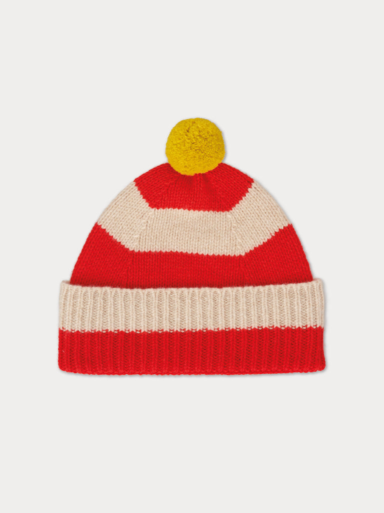 red and cream striped beanie with yellow  pompom
