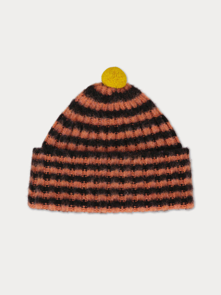 black and pinky orange striped beanie with yellow pompom