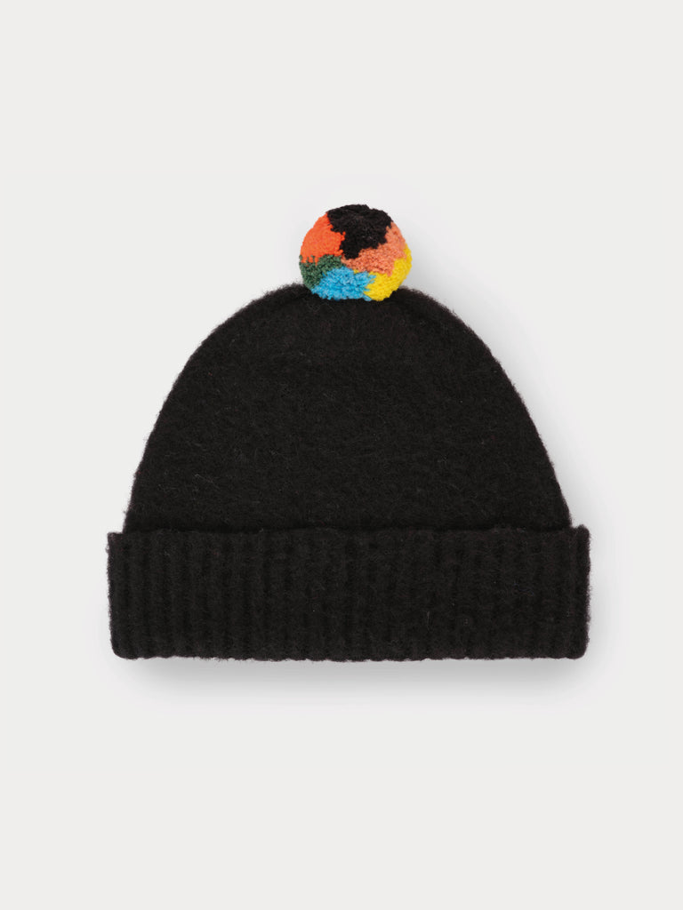 black beanie with multicolour pompom