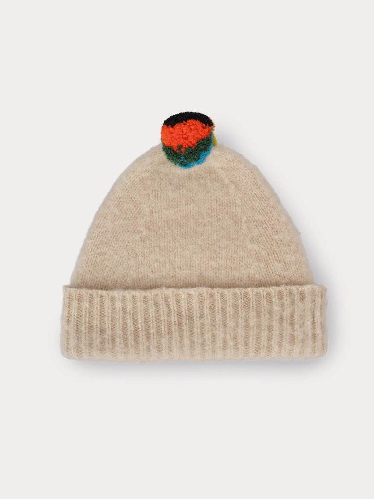 cream beanie with multicolour pompom
