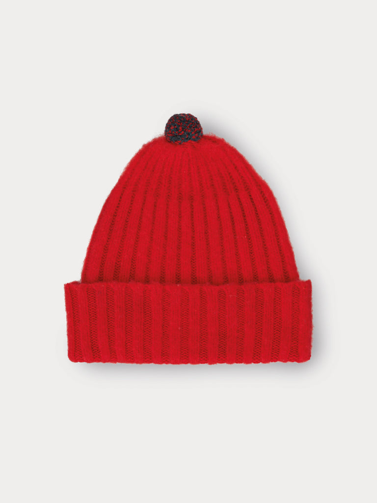 red beanie with red and greyspeckled pompom