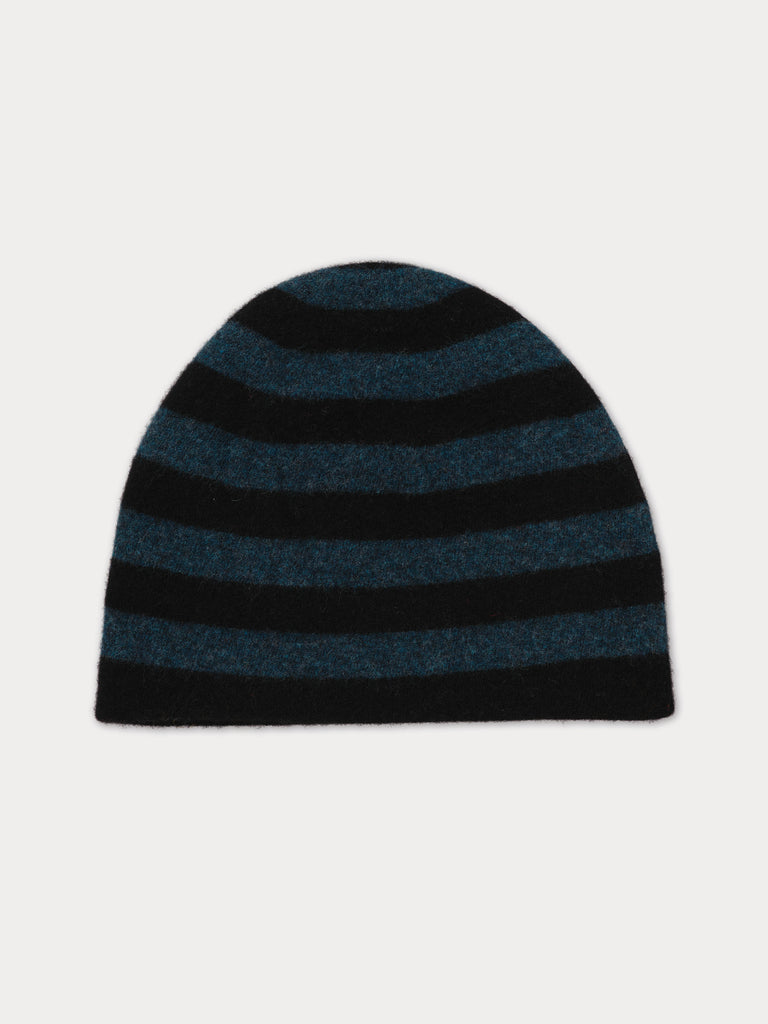 black and blue striped beanie