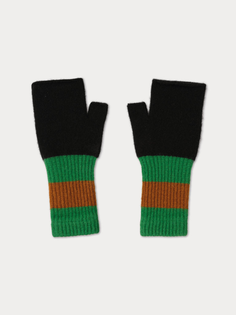 Black fingerless mittens with green and brown striped cuffs 