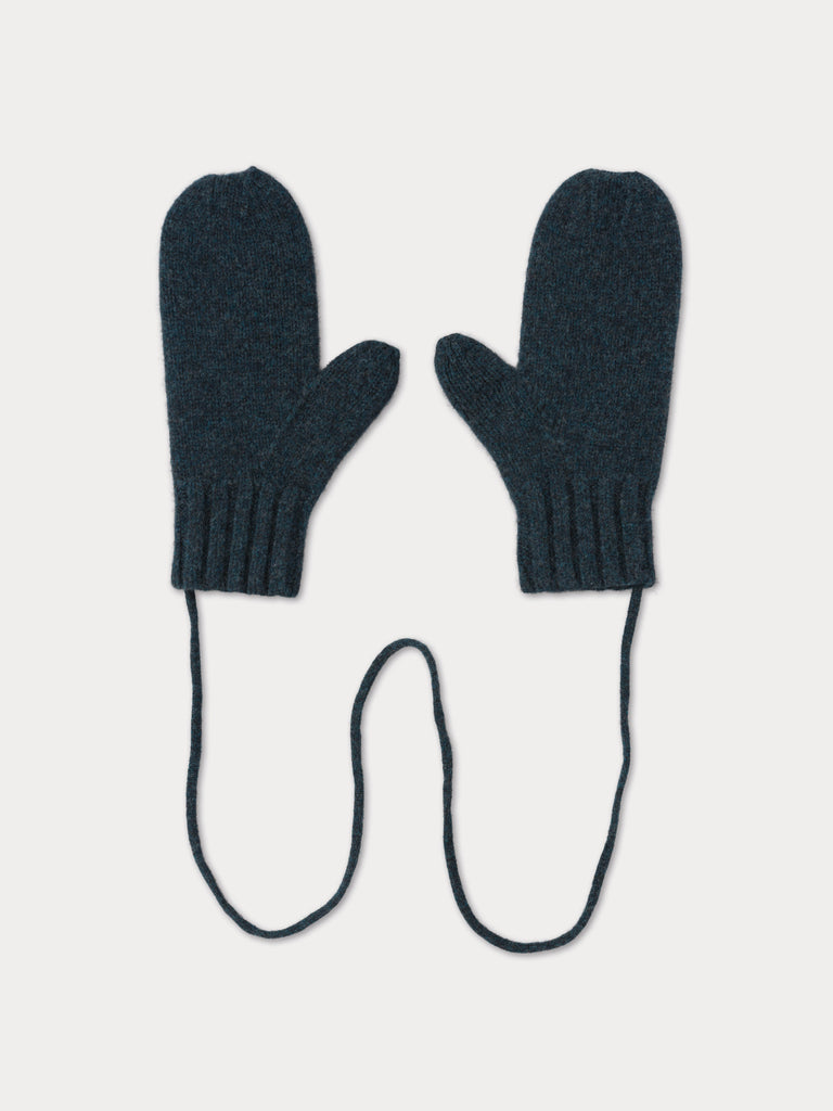 Pair of dark gray mittens with strings