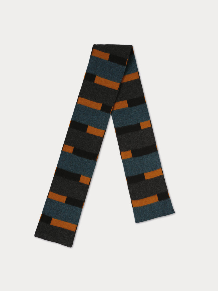 scarf with broken stripes of blue, grey, black and rust colour