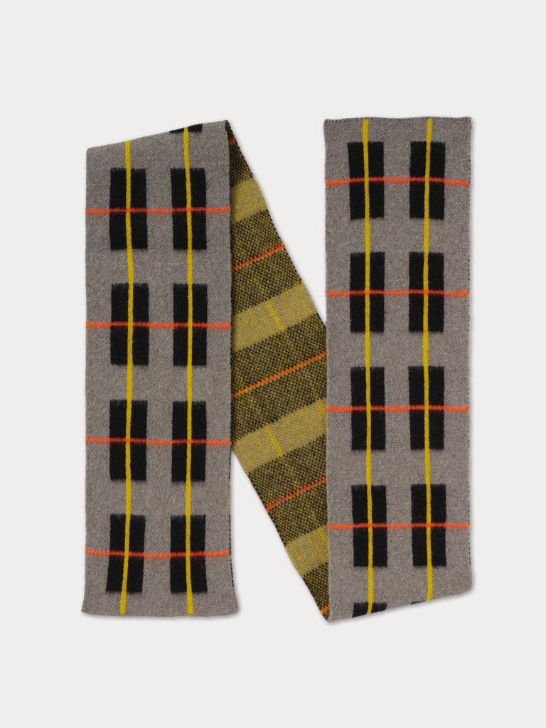 tartan scarf, mainly light grey and black with orange and yellow thin lines