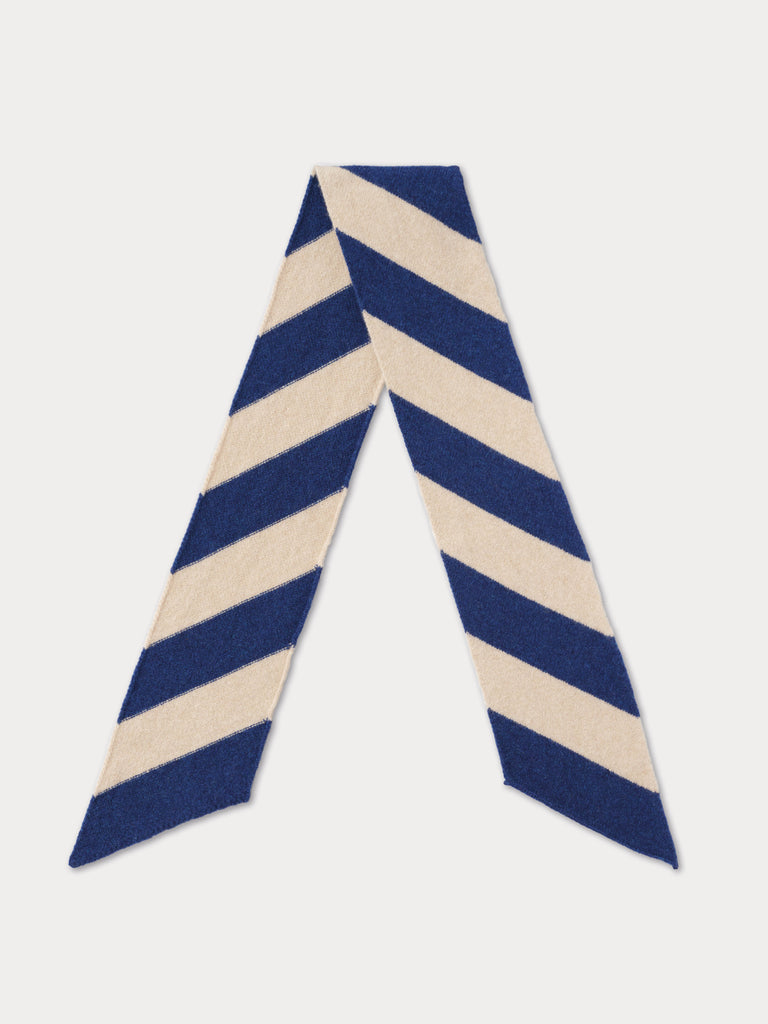 cream scarf with diagonal blue stripes