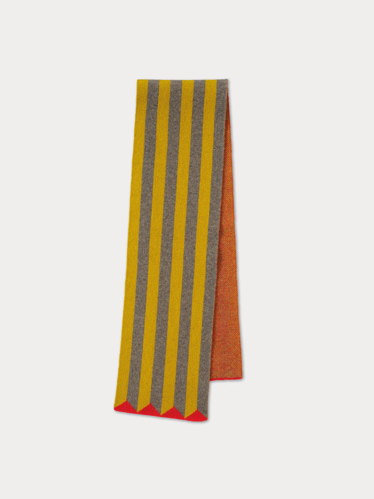 yellow and grey striped scarf with red triangles on the bottom edges
