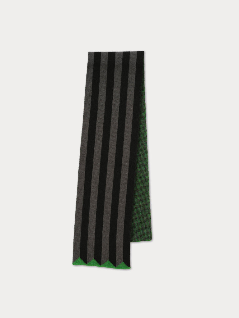 black and grey striped scarf with green triangles on the bottom edges