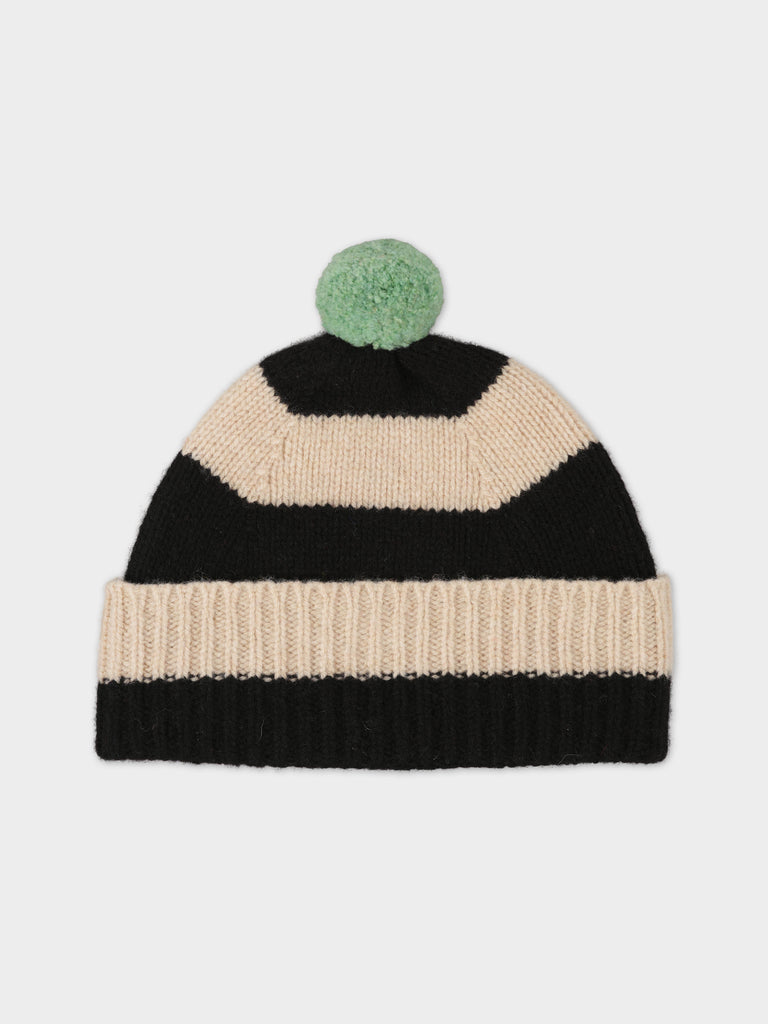 STRIPE POMPOM HAT BLACK & OATMEAL