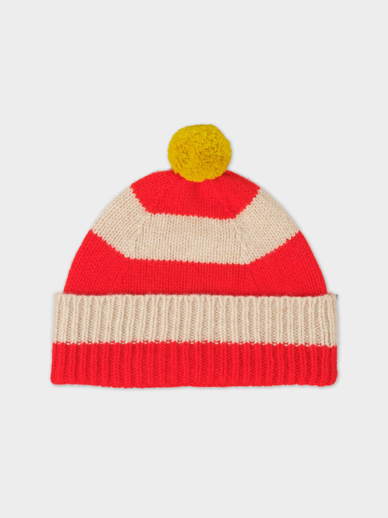 STRIPE POMPOM HAT POPPY & OATMEAL