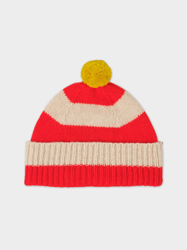 STRIPE POMPOM HAT POPPY & OATMEAL