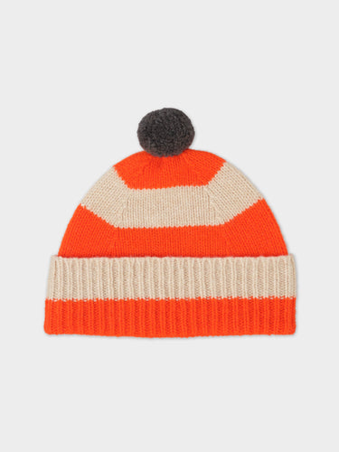 STRIPE POMPOM HAT ORANGE GLOSS & OATMEAL