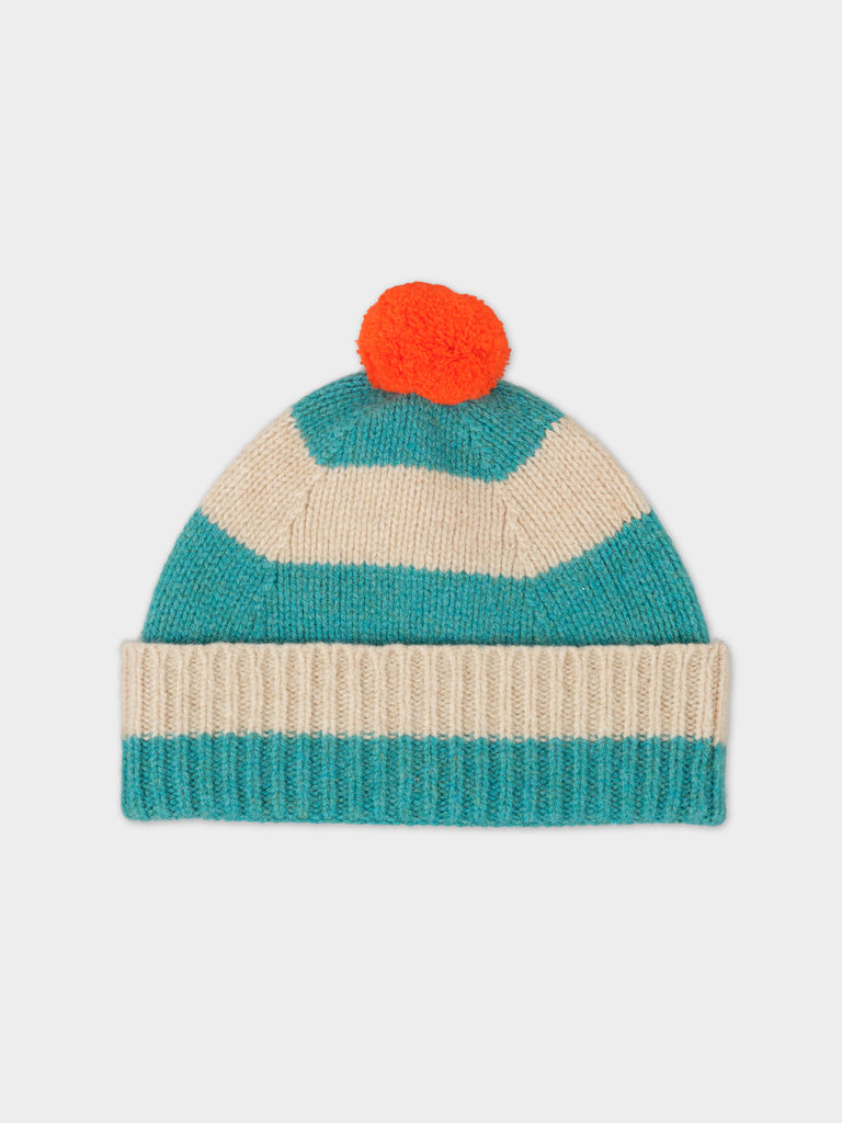 STRIPE POMPOM HAT JADE & OATMEAL