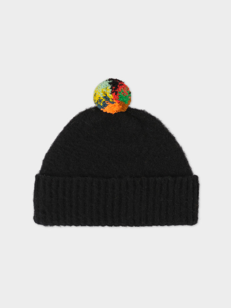 BRUSHED PLAIN HAT STRIPE POMPOM BLACK