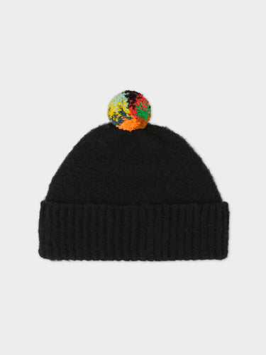 BRUSHED PLAIN HAT STRIPE POMPOM BLACK