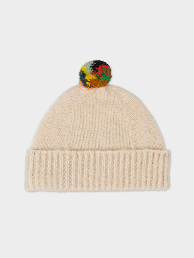 BRUSHED PLAIN HAT STRIPE POMPOM OATMEAL