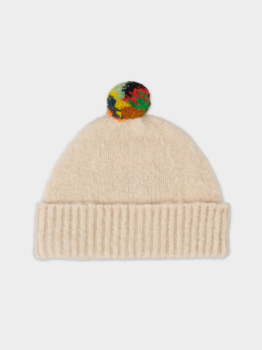 BRUSHED PLAIN HAT STRIPE POMPOM OATMEAL
