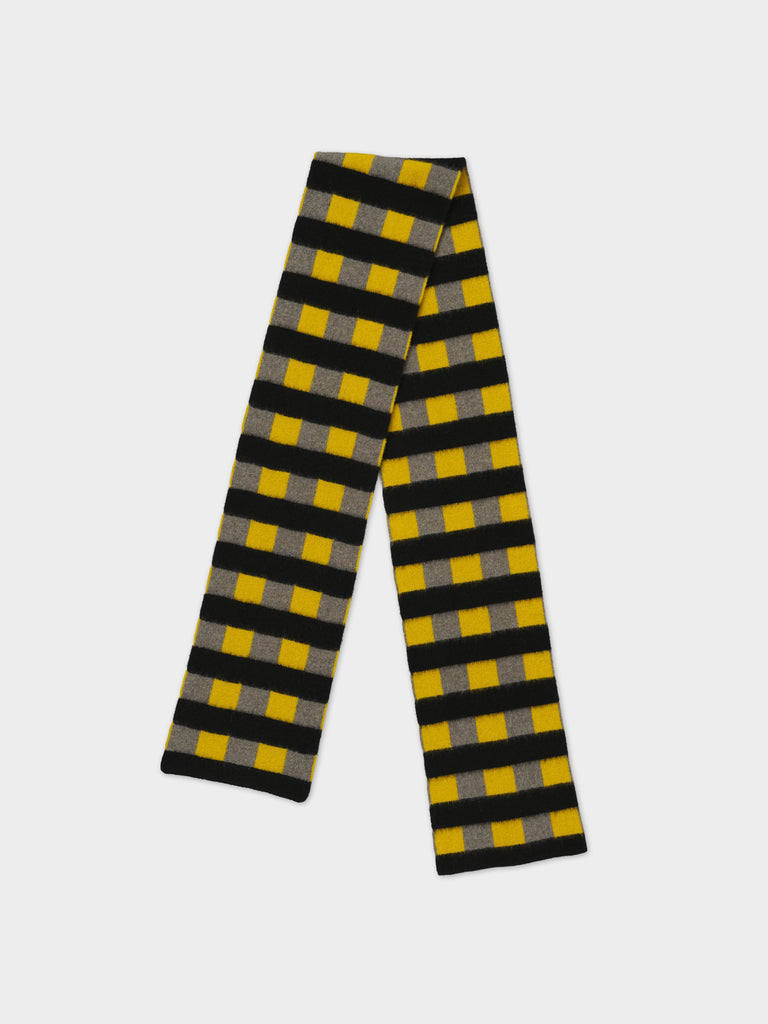 BRUSHED CHECK AND STRIPE SCARF MOSS & TURMERIC, BLACK STRIPE