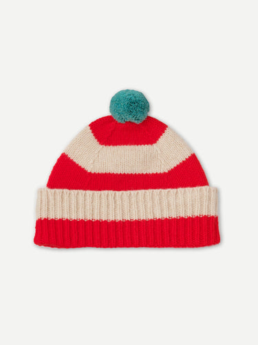 STRIPE POMPOM HAT POPPY & OATMEAL