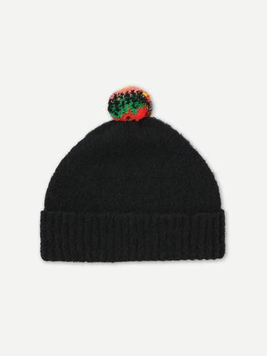 BRUSHED PLAIN HAT STRIPE POMPOM BLACK