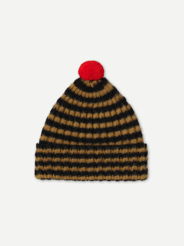 BRUSHED NARROW STRIPE HAT WITH CONTRAST POMPOM BLACK & BULLION