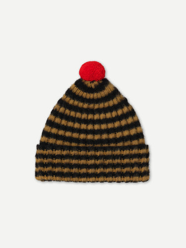 BRUSHED NARROW STRIPE HAT WITH CONTRAST POMPOM BLACK & BULLION