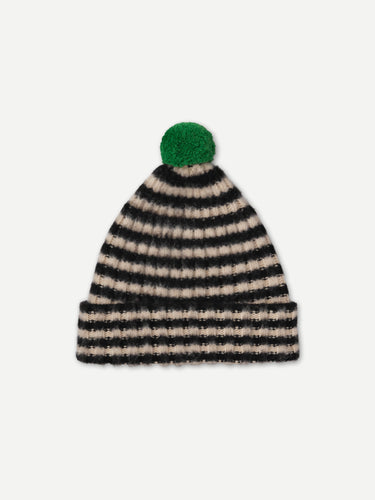 BRUSHED NARROW STRIPE HAT WITH CONTRAST POMPOM BLACK & OATMEAL