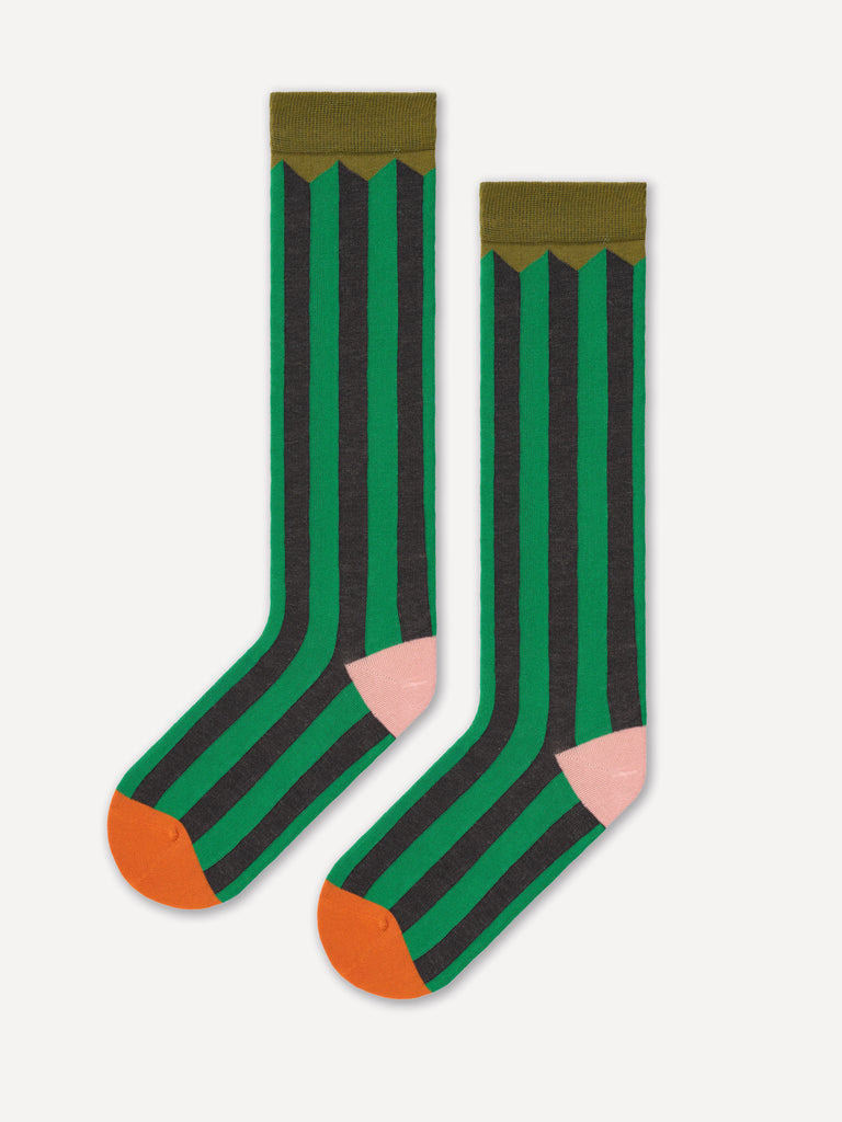 TWO COLOUR VERTICAL STRIPE GREEN KNEE SOCKS